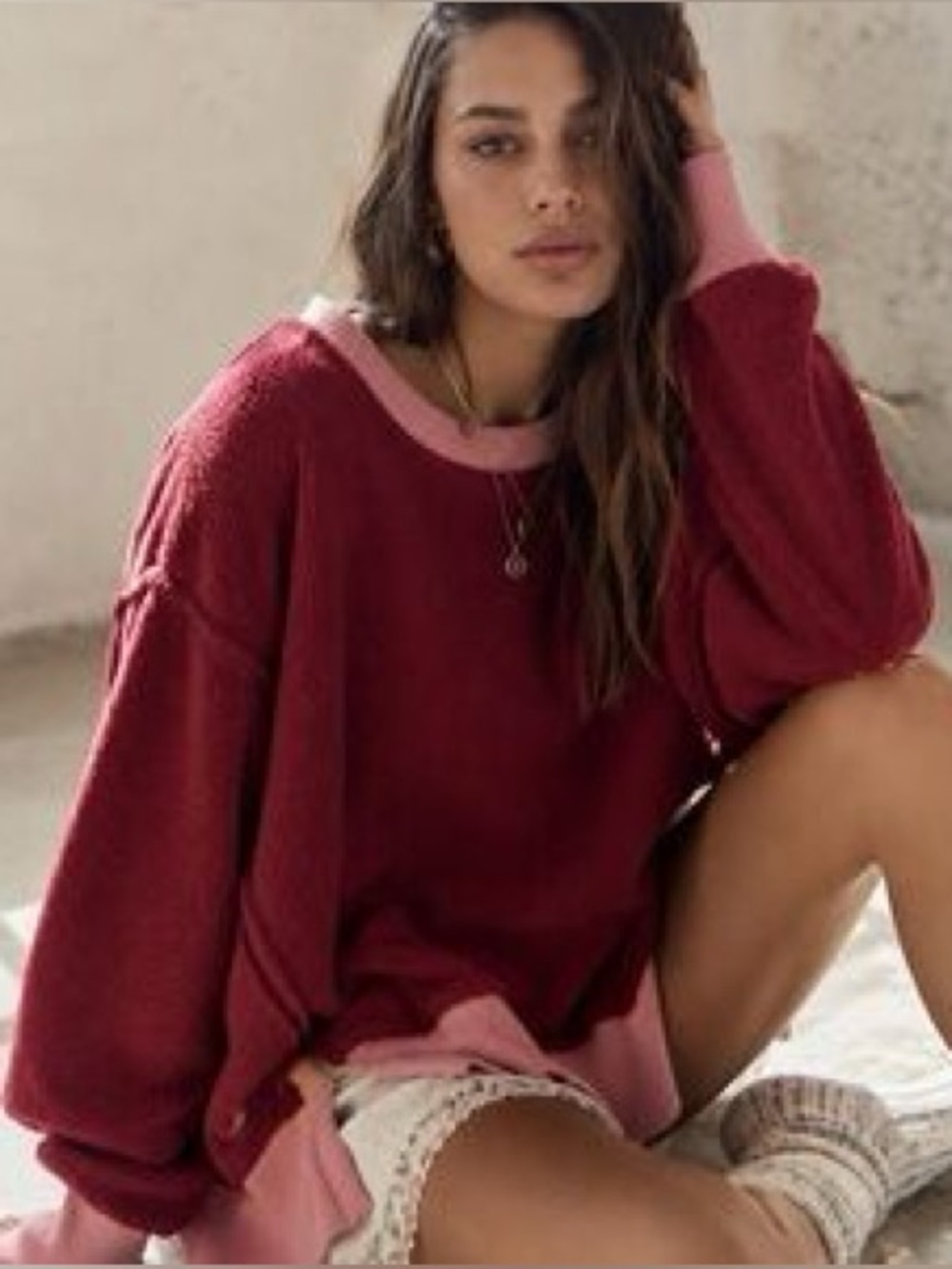 We The Free by Free People Camden Red Fleece Sweatshirt oversized boxy size L - Picture 2 of 7